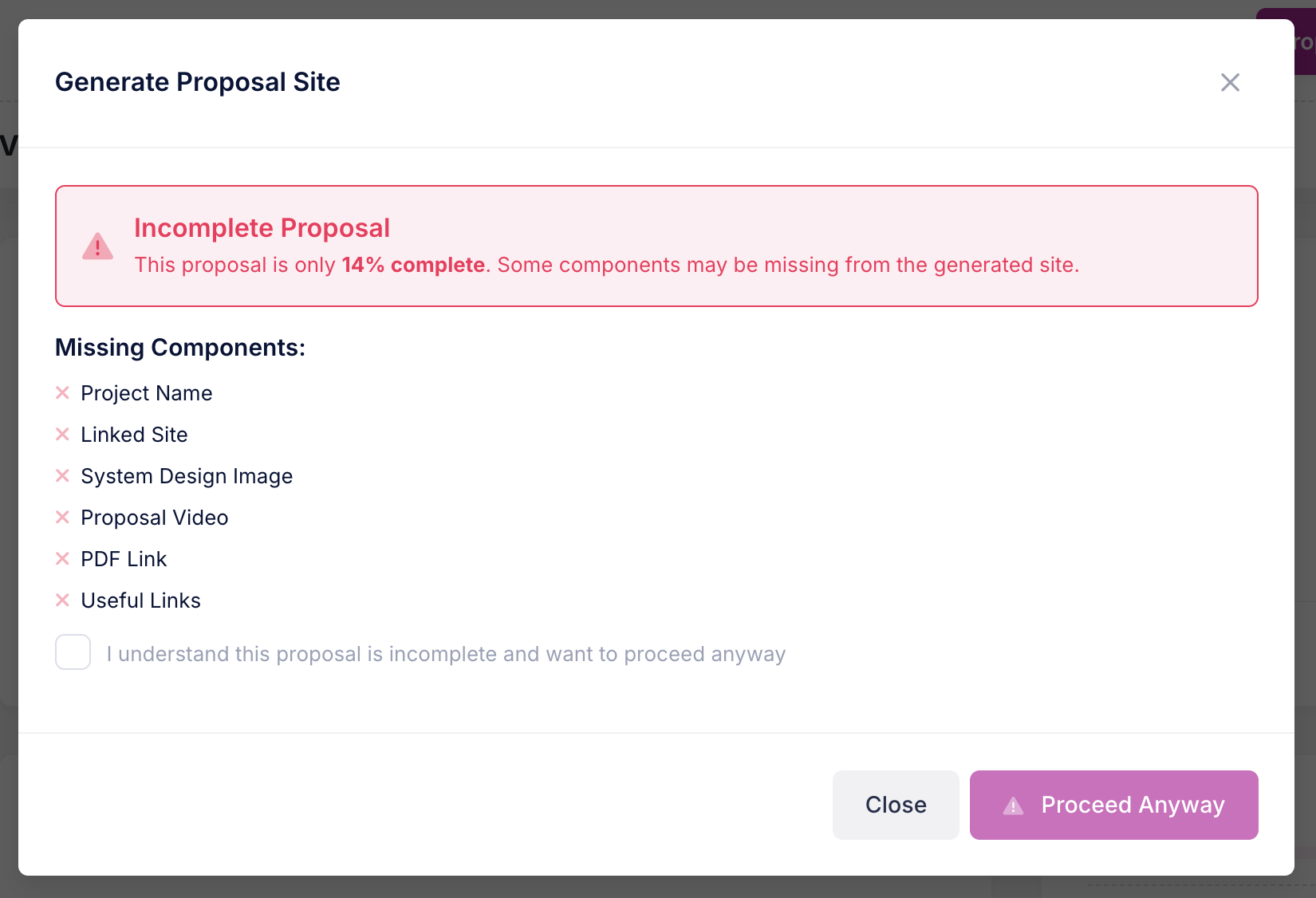 Incomplete proposal warning