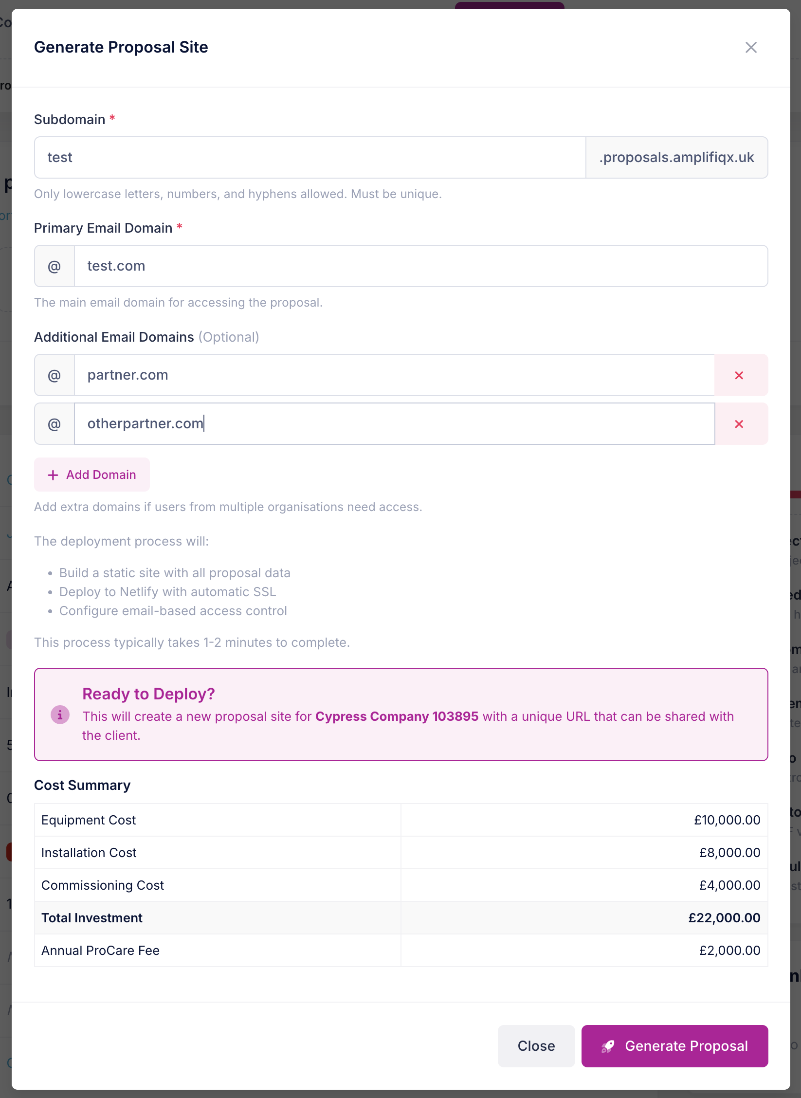 Generate proposal site (subdomain + email domain)